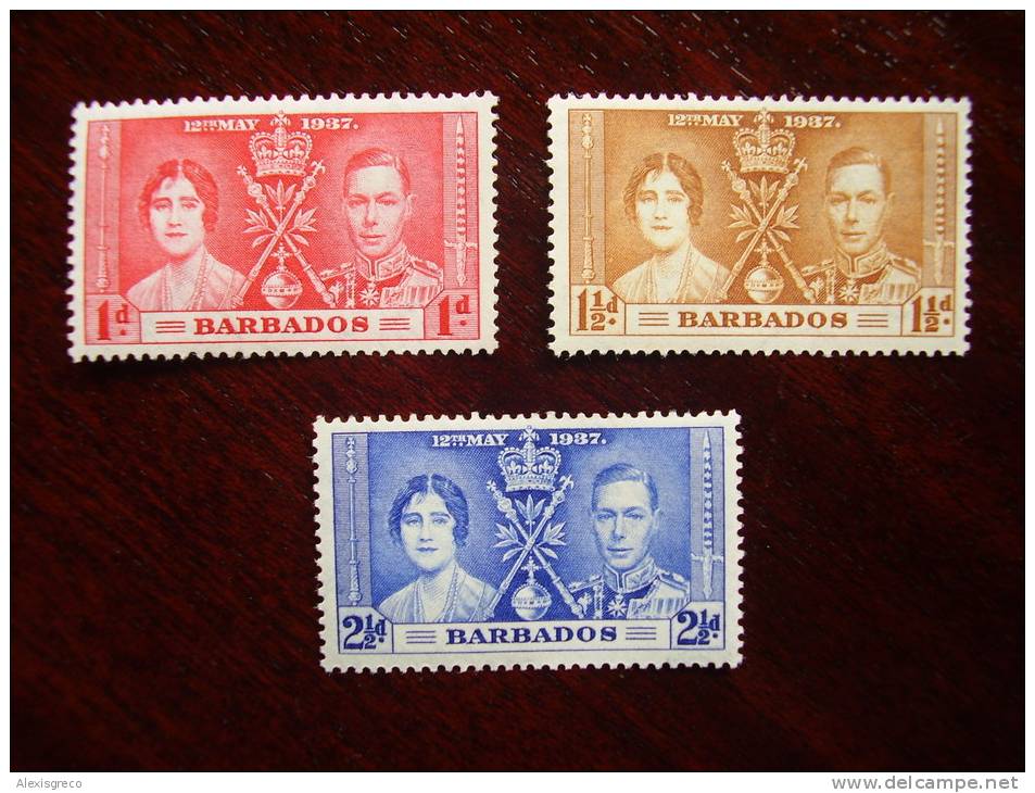 BARBADOS 1937  CORONATION Issue Of 12th.May In FULL SET 3 Values To 2 1/2d  MNH. - Barbados (1966-...)