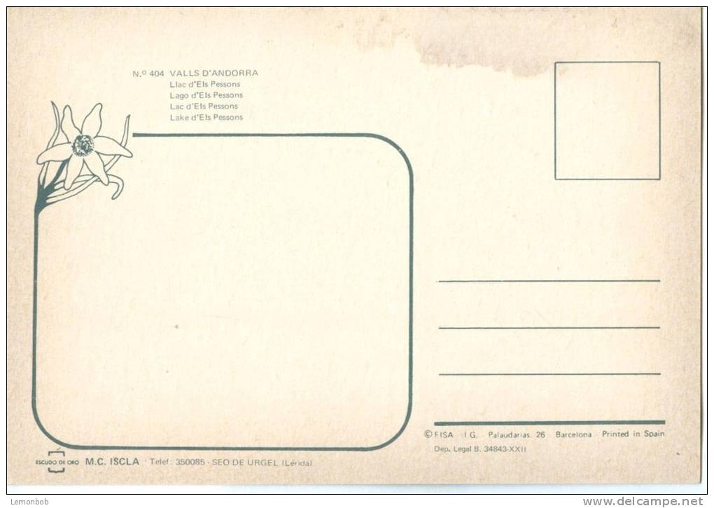 Valls D'Andorra, Llac D'Els Pessons, Unused Postcard [11817] - Andorra