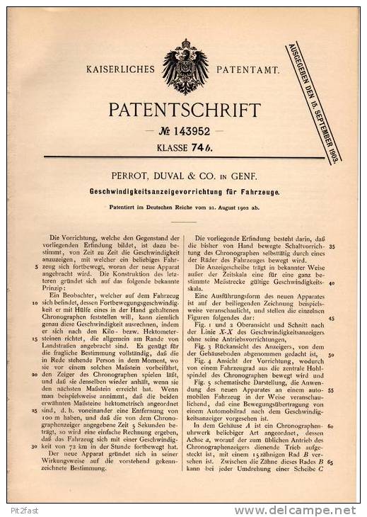 Original Patentschrift - Perrot , Duval & Co. In Genf , 1902 , Tacho , Tachometer Für Automobile !!! - Cars