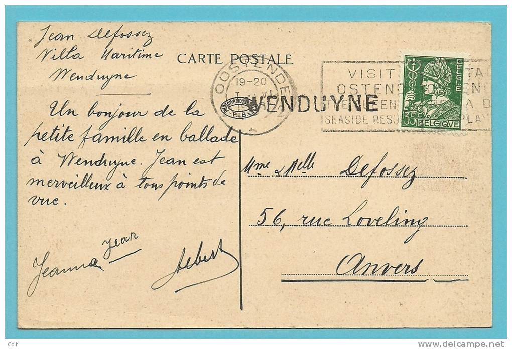 340 Op Kaart Met Stempel OOSTENDE, Met Naamstempel (griffe D'origine) WENDUYNE - 1932 Cérès Et Mercure