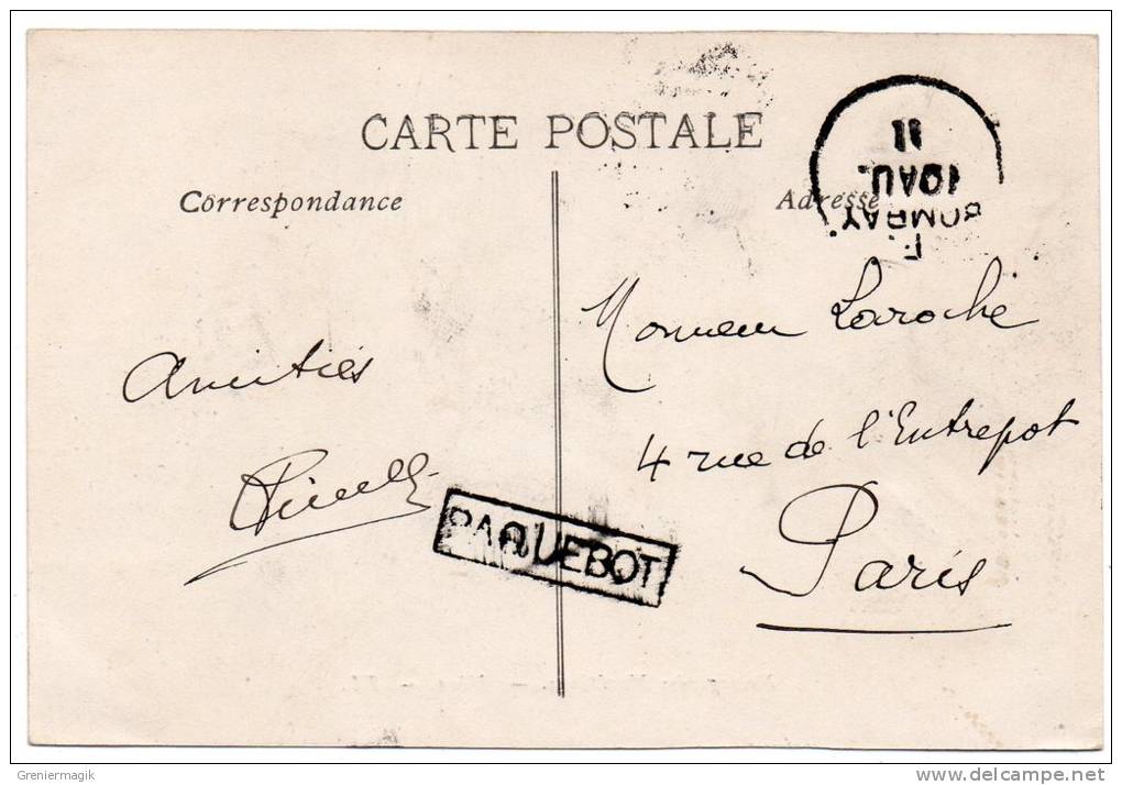 Cachet "trident" Sur Semeuse + Paquebot + Bombay 1911 Sur Cpa Messageries Maritimes Néra (paquebot Poste) - Maritime Post