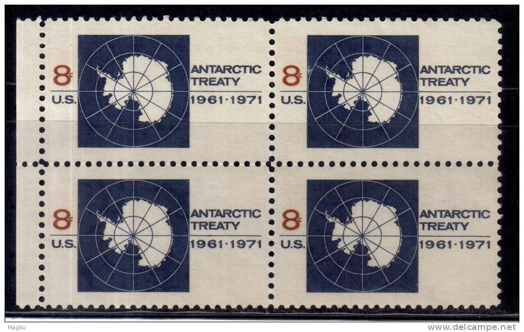 United States MNH 1971  Block  Of 4, Gum Wash, Antarctic Treaty, Polar Map, - Research Programs