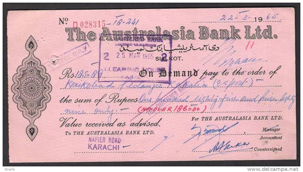 PAKISTAN Old PAKISTAN Old Bank Demand Draft Document, The Australasia Bank Ltd. Sialkot 22-3-1965 - Bank & Insurance