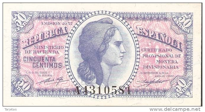 BILLETE DE ESPAÑA DE 50 CTS DEL AÑO 1937 SERIE A  SIN CIRCULAR (UNCIRCULATED) - Sonstige & Ohne Zuordnung