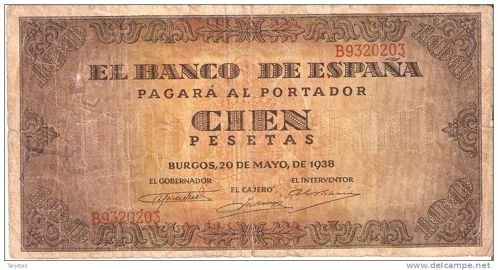 BILLETE DE ESPAÑA DE 100 PTAS 20/05/1938 SERIE B (BANK NOTE) - 100 Peseten