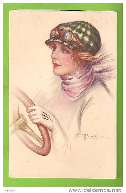 ILLUSTRATORE BUSI ADOLFO DONNA AL VOLANTE CARTOLINA FORMATO PICCOLO VIAGGIATA NEL 1918 - Busi, Adolfo