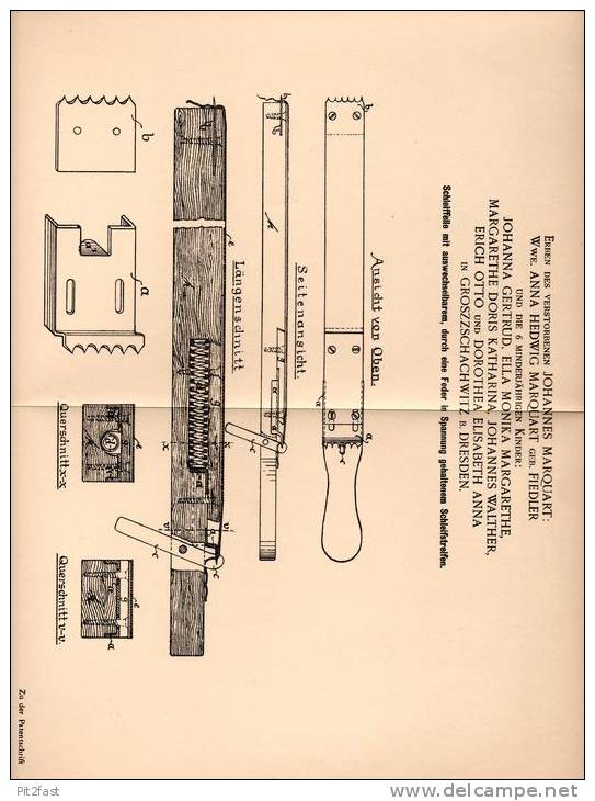 Original Patentschrift - Erben Des Johannes Marquart In Großzschachwitz ,1901, Feile Mit Auswechselbarem Schleifstreifen - Antike Werkzeuge