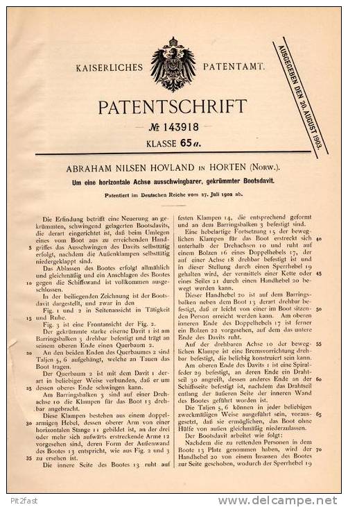 Original Patentschrift - A. Hovland In Horten , Norwegen , 1902 , Bootsdavit , Boot , Hafen , Werft , Schiff !!! - Andere & Zonder Classificatie