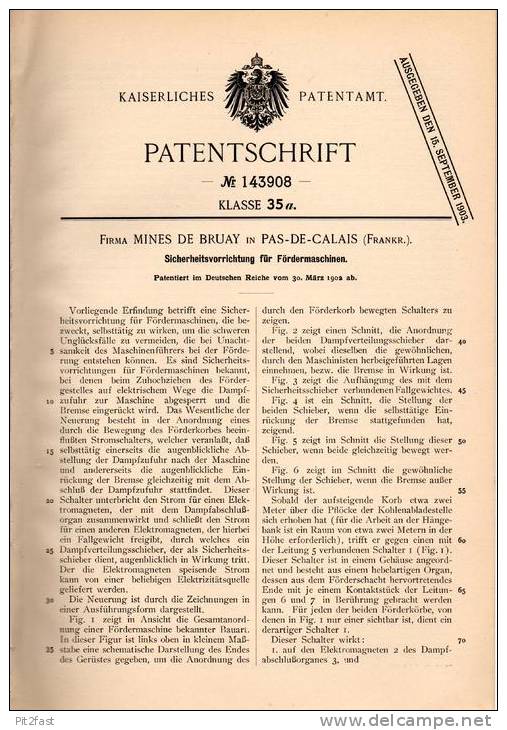 Original Patentschrift - Firma Mines De Bruay In Pas De Calais , 1902 , Fördermaschine - Sicherheitsapparat !!! - Machines