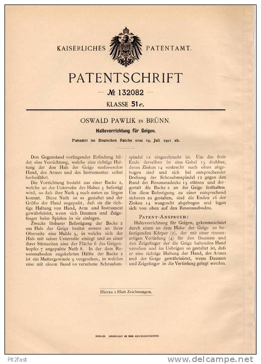 Original Patentschrift - Oswald Pawlik In Brünn , 1901 , Halter Für Geigen , Geige , Violine , Cello !!! - Instrumentos De Música