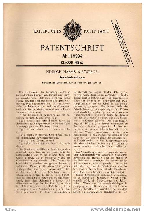 Original Patentschrift - H. Harms In Eystrup B. Hoya U. Nienburg , 1900 , Gewindeschneidkluppe , Gewindeschneider !!! - Antike Werkzeuge