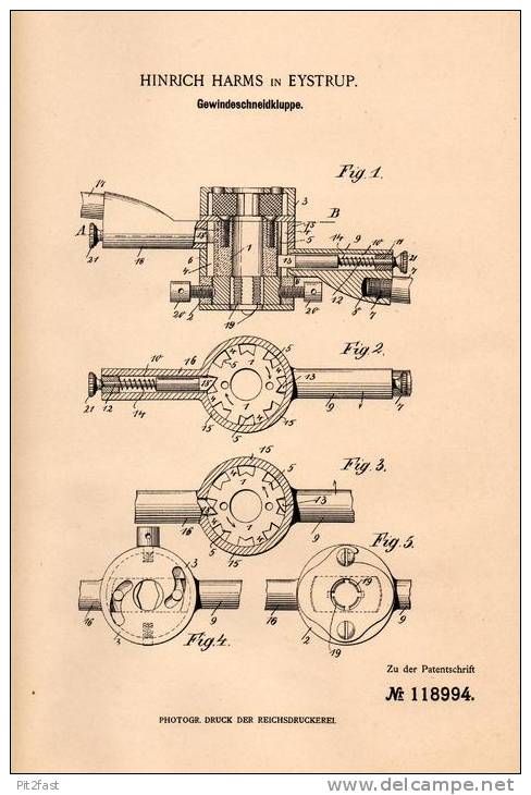 Original Patentschrift - H. Harms In Eystrup B. Hoya U. Nienburg , 1900 , Gewindeschneidkluppe , Gewindeschneider !!! - Antike Werkzeuge