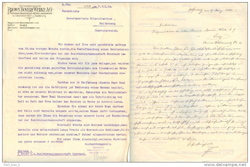 Brief Brown Boveri Werke AG Wien - Graf Revertera Helfenberg 1924 Elektrowärter Österreich Austria - Sonstige & Ohne Zuordnung