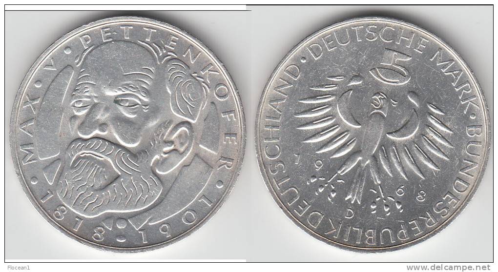 **** ALLEMAGNE - GERMANY - 5 MARK 1968 150th ANNIVERSARY OF PETTENKOFER - SILVER - ARGENT **** EN ACHAT IMMEDIAT - 5 Marcos