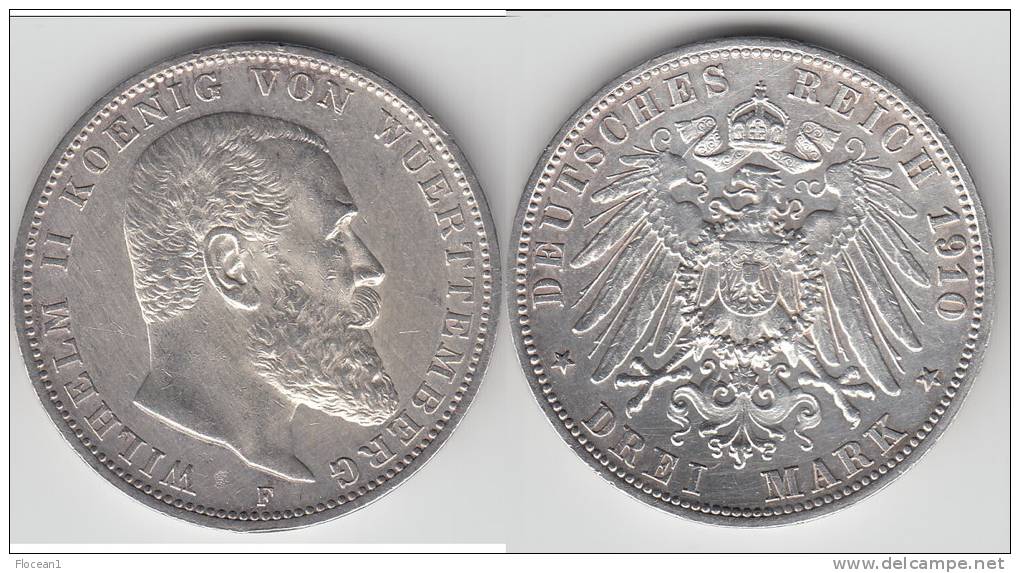 TOP QUALITY *** WURTTEMBERG - ALLEMAGNE - GERMANY - 3 MARK 1910 F WILHELM II - ARGENT - SILVER *** EN ACHAT IMMEDIAT !!! - 2, 3 & 5 Mark Argent