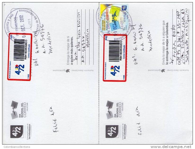 Lote PEP301, Colombia, Dia Mundial Del Correo, Ciudades,  Postal, 2 Postcards, Unusual Stamp No Commercial Value - Colombia