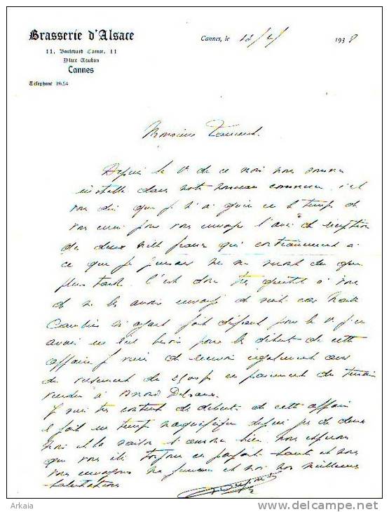 Lettre De Cannes (13/02/1938) - Brasserie D´Alsace - Andere & Zonder Classificatie