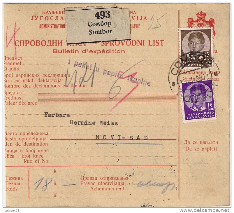 Yugoslavia 1938. Packet Card Bulletin D` Expédition SOMBOR Postmark - Cartas & Documentos