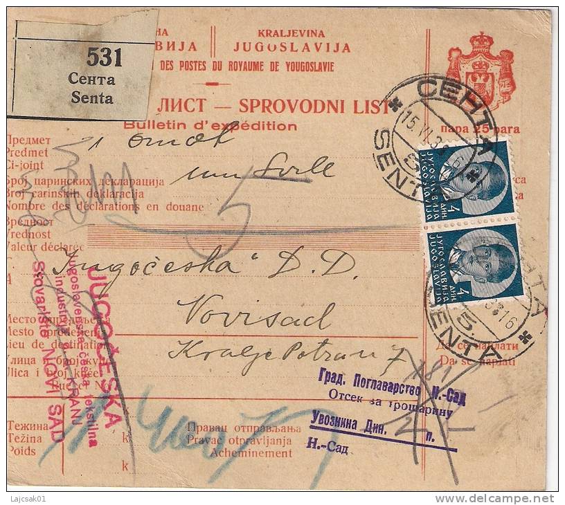 Yugoslavia 1938. Packet Card Bulletin D` Expédition SENTA Postmark - Lettres & Documents