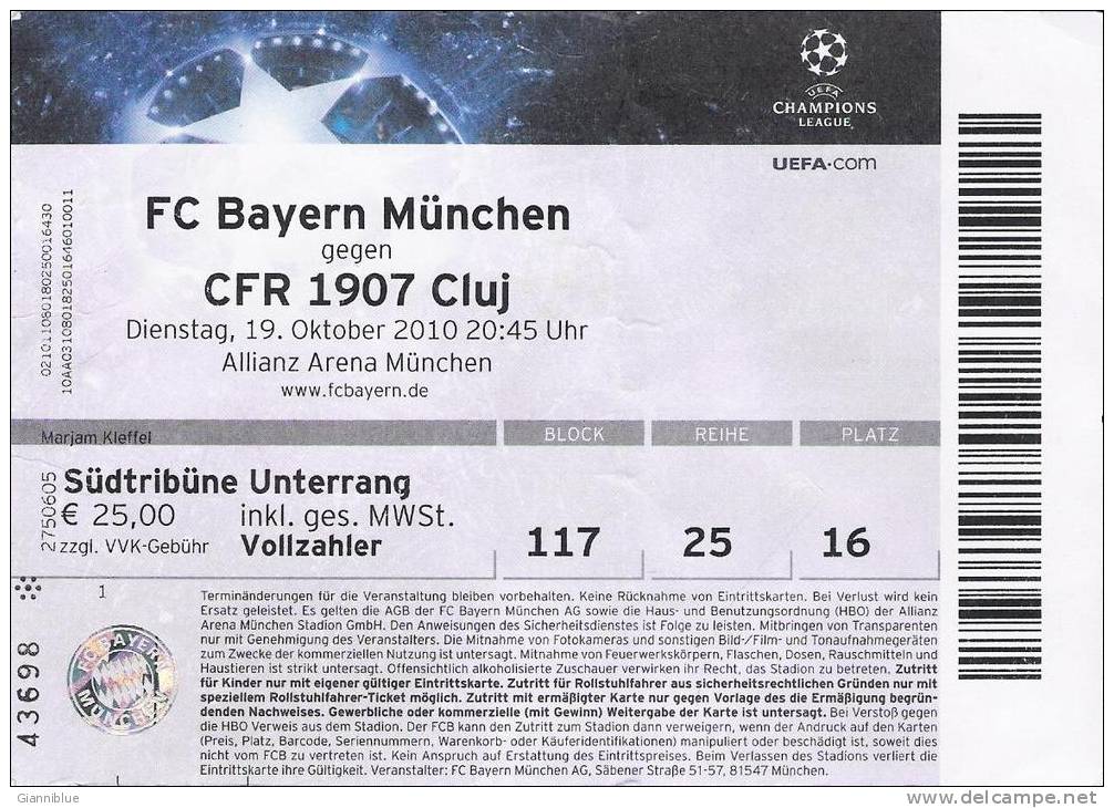 FC Bayern Munchen-CFR 1907 Cluj/Football/UEFA Champions League Match Ticket - Tickets & Toegangskaarten