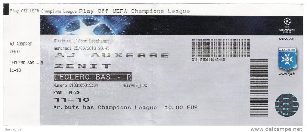 AJ Auxerre-Zenit/Football/UEFA Champions League Match Ticket - Eintrittskarten