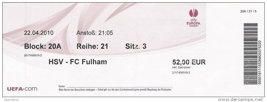 HSV Hamburger-FC Fulham/Football/UEFA Europa League Match Ticket - Tickets D'entrée