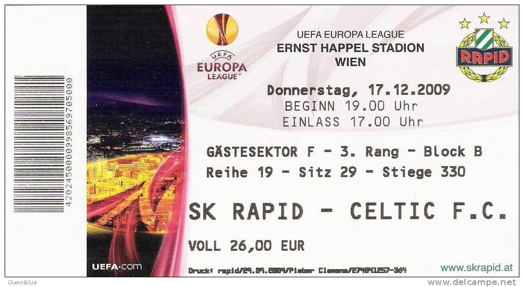 SK Rapid - Celtic FC/Football/UEFA Europa League Match Ticket - Tickets D'entrée