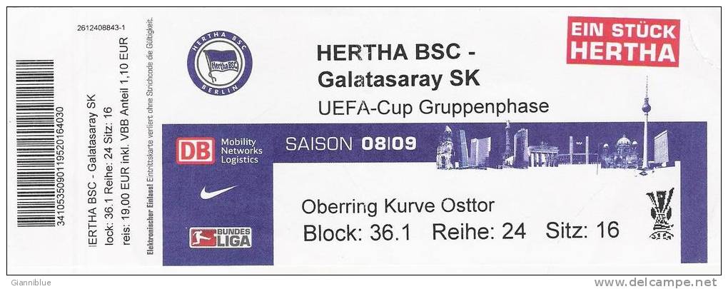 Hertha-Galatasaray/Football/UEFA Cup Match Ticket - Eintrittskarten