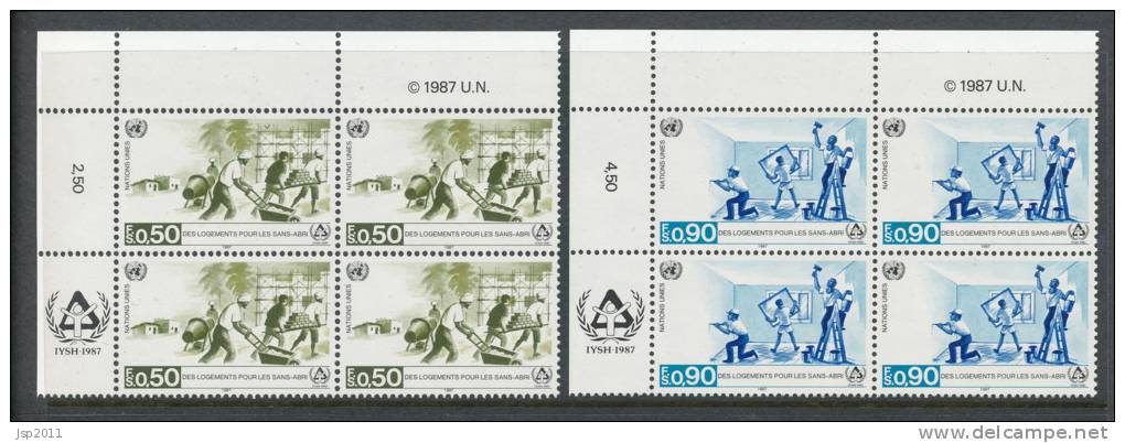 UN Geneva 1987 Michel # 154-155, 2 Blocks Of 4 Stamps With Lable In Upper Left Corner , MNH - Hojas Y Bloques