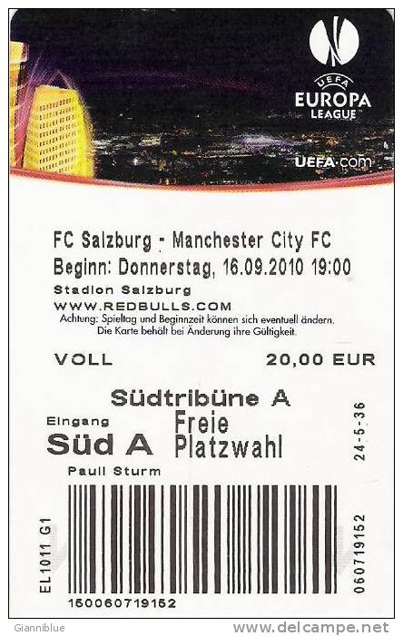 FC Salzburg-Manchester City/Football/UEFA Europa League Match Ticket - Tickets D'entrée