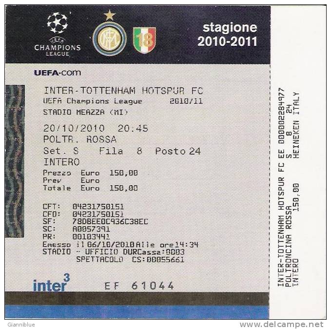 Inter-Tottenham Hotspur/Football/UEFA Champions League Match Ticket - Tickets D'entrée