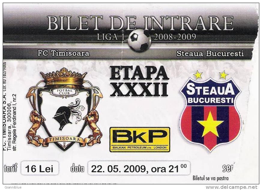 FC Timisoara-Steaua Bucuresti/Romania Football Match Ticket - Tickets D'entrée