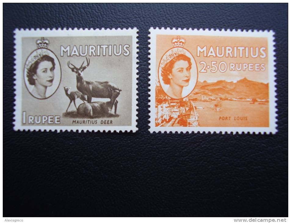 MAURITIUS 1953 Queen Elizabeth II Definitive Issue 1 & 2.50 Rupees MINT. - Mauricio (...-1967)