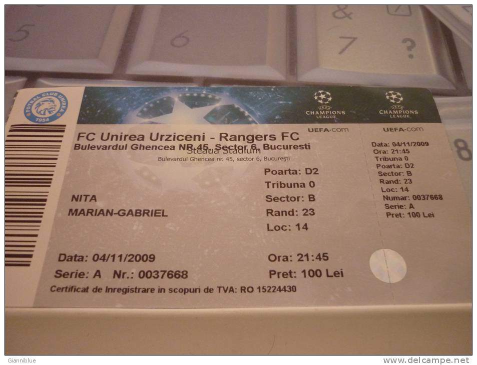 FC Unirea Urziceni-Rangers FC/Football/UEFA Champions League Match Ticket - Match Tickets