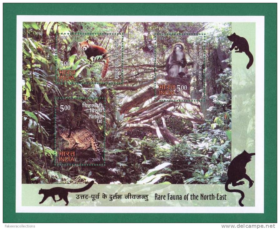 INDIA 2009 RARE FAUNA OF NORTH-EAST, MNH MS ANIMAL, RED PANDA, CAT, MONKEY, FOREST, PLANT, TREES, MINIATURE SHEET SG2629 - Unused Stamps