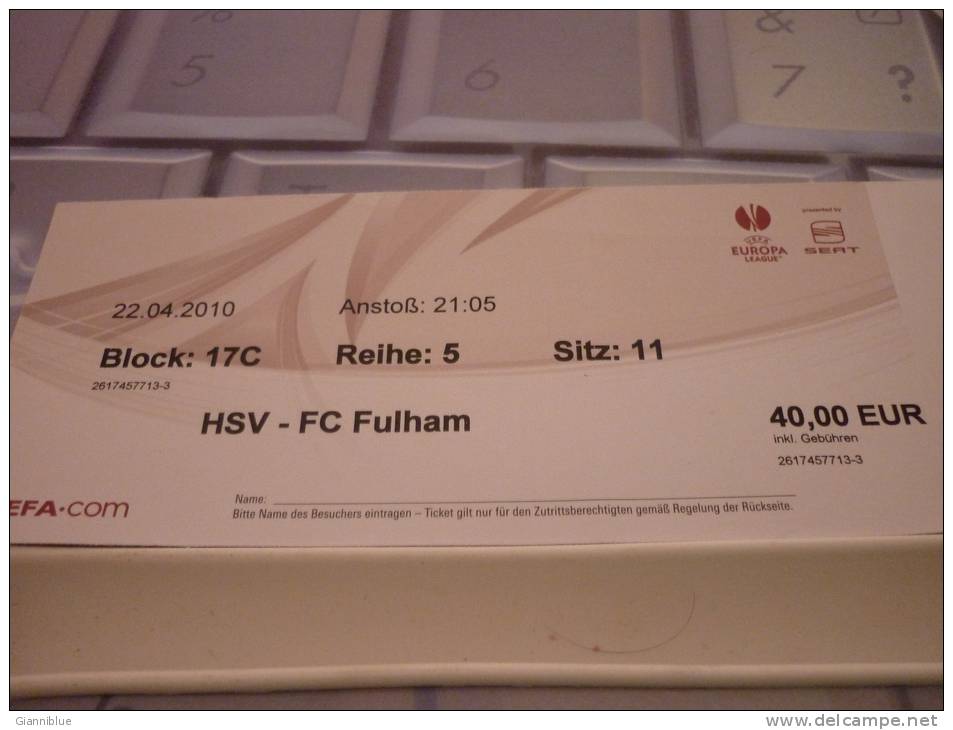 HSV Hamburger-FC Fulham/Football/UEFA Europa League Match Ticket - Tickets D'entrée