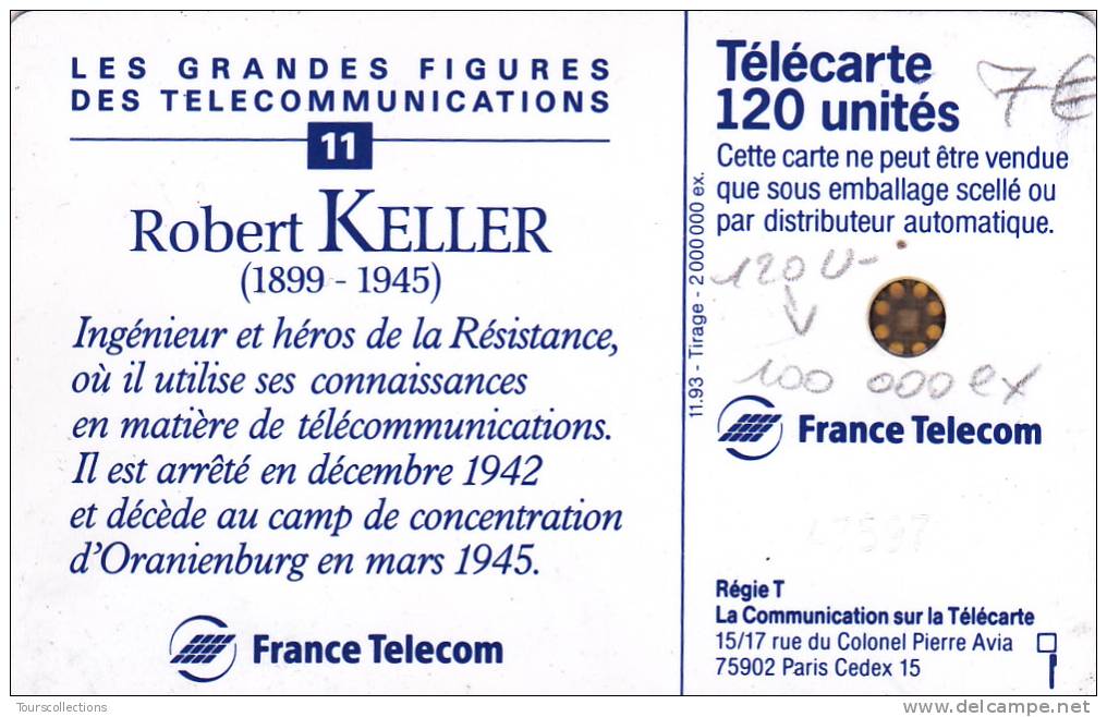 TELECARTE 120 U @ Grandes Figures Des Télécommunications N° 11 Robert KELLER SC5 100 000 Ex @ 02/1993 - 1993