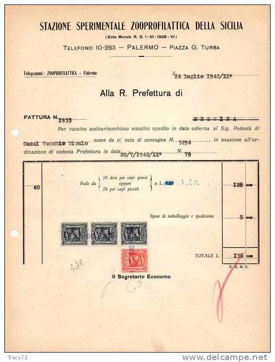 PALERMO - MESSINA  /  MARCHE DA BOLLO REGNO _ SU  DOCUMENTO - Sezione Sperimentale Zooprofilattica Della Sicilia - Fiscali