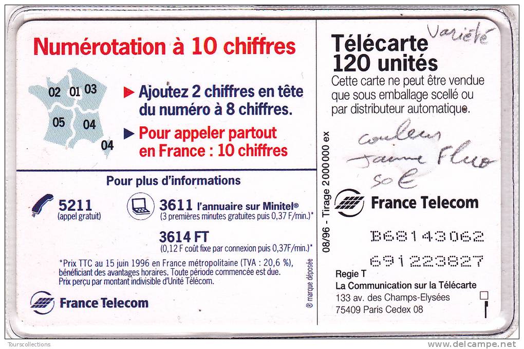 TELECARTE 120 U @ VARIETE Couleur Jaune Fluo Des Personnages - La Ronde Des 2 Chiffres @ 08/1996 - Fehldrucke