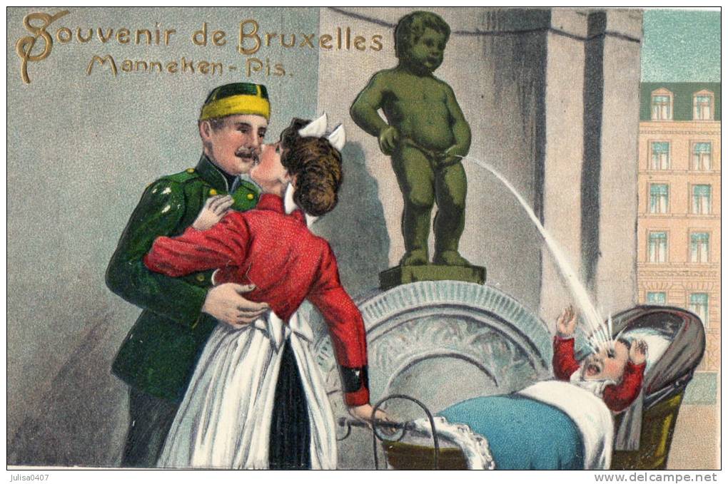 BRUXELLES Carte Fantaisie Souvenir Gaufrée Manneken Pis - Autres & Non Classés