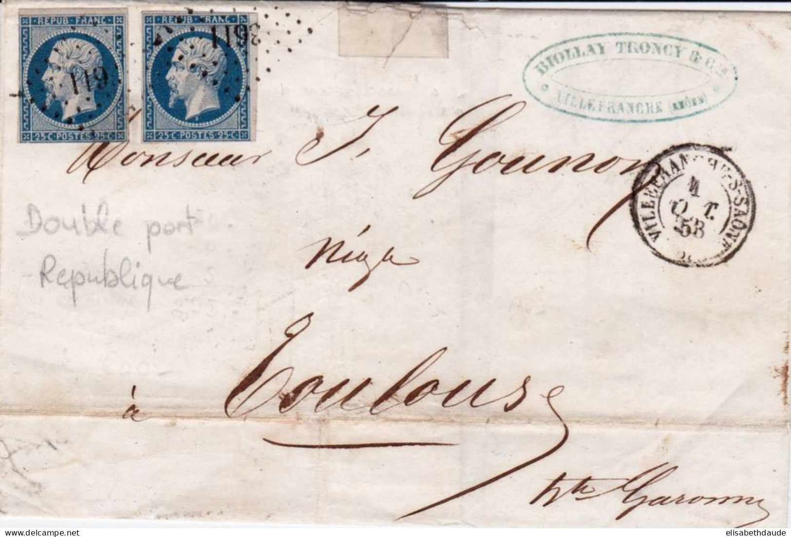 RHONE - 1853 -  LETTRE De VILLEFRANCHE Sur SAONE (PC 3611) Avec RARE YVERT N°10 X2 DOUBLE PORT - 1852 Luigi-Napoleone