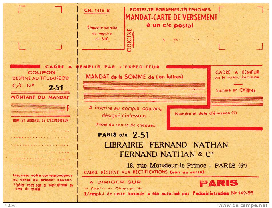 2 Imprimés Mandat Carte De Versement - Journal Des Instituteurs - Other & Unclassified