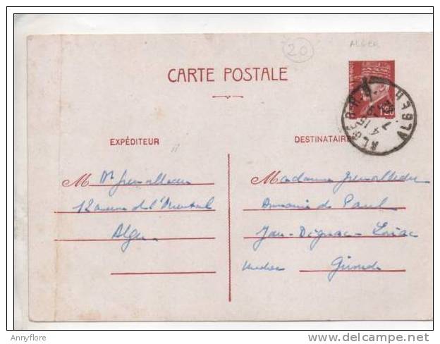 ENTIER POSTAL CARTE PETAIN 1.20 Frs  BRUN AVEC CACHET  D ALGER  7/9/42 - 1941-42 Pétain