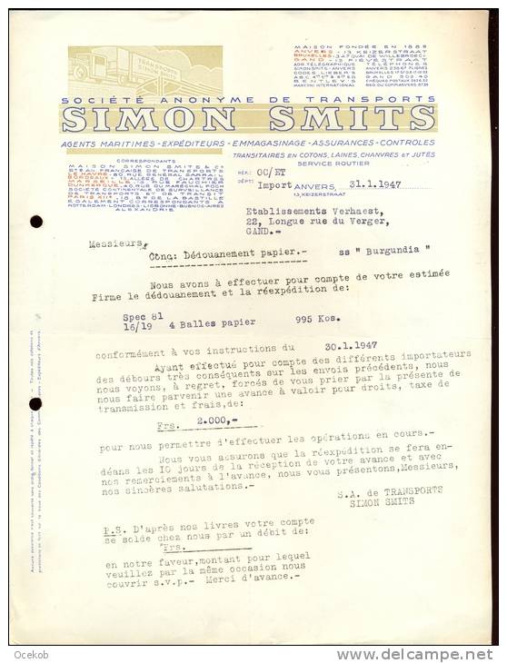 Factuur Brief Simon Smits Transport - Antwerpen 1947 - Transport