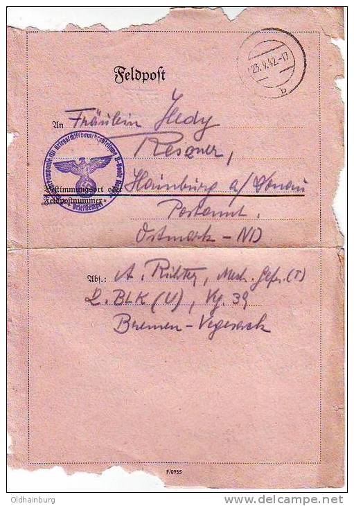 1018b: Feldpostfaltbrief 23.9.42 In Die Ostmark Gelaufen - 1939-45