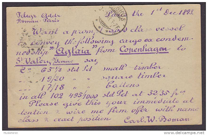 France Postal Stationery Ganzsache Entier PRIVATE PRINT Ship "Anglaia" CARL W. BOMAN 1893 To AARHUS Denmark (2 Scans) - Pseudo Privé-postwaardestukken