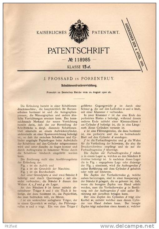 Original Patentschrift - J. Frossard In Porrentruy / Pruntrut , 1900 , Schablonen - Druckvorrichtung !!! - Tools
