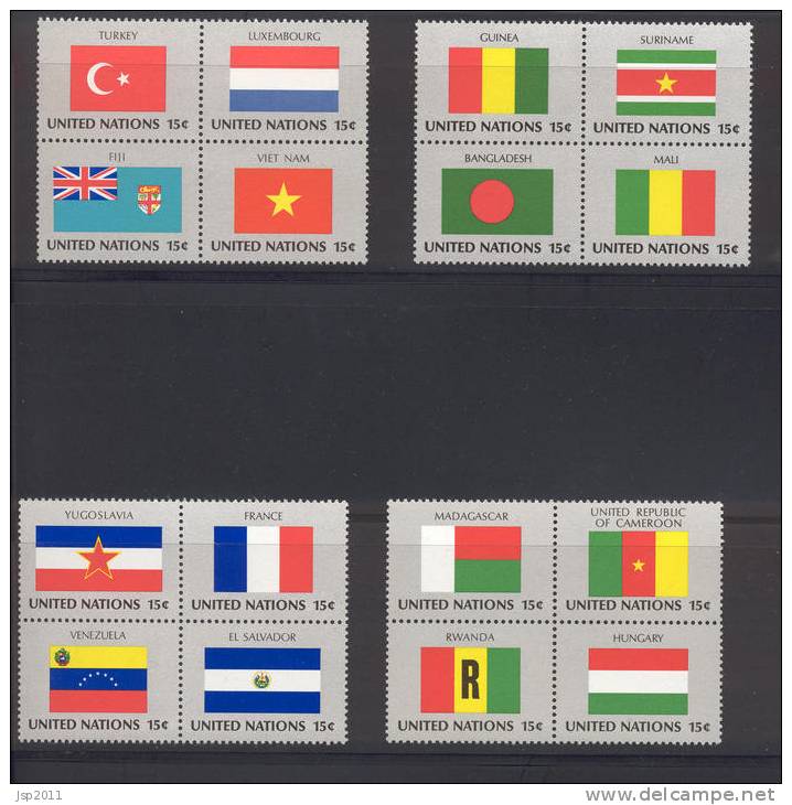 UN New York 1980 Michel 348-363, Flags  Blocks Of 4 Centerpieces, MNH** - Blocks & Sheetlets