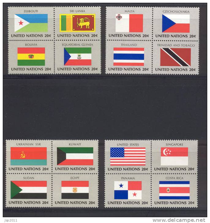 UN New York 1981 Michel 373-388, Flags  Blocks Of 4 Centerpieces, MNH** - Blocks & Sheetlets