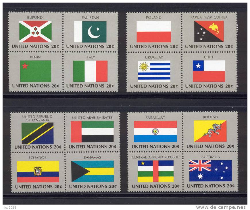 UN New York 1984 Michel 448-463 Flags  Blocks Of 4 Centerpieces, MNH** - Hojas Y Bloques